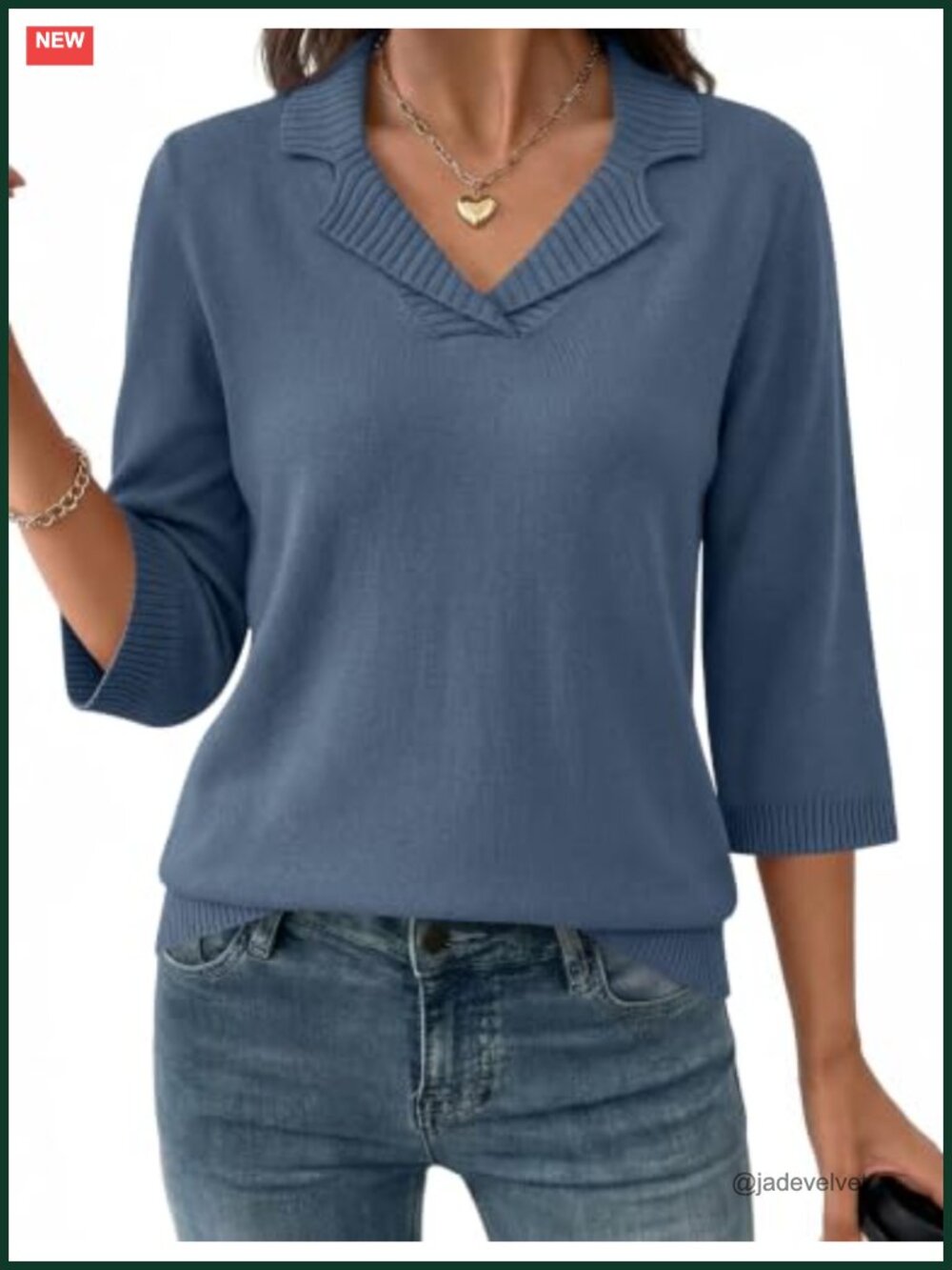 Womens Collared V Neck 3/4 Sleeve Knit Pullover Sweater Lightweight